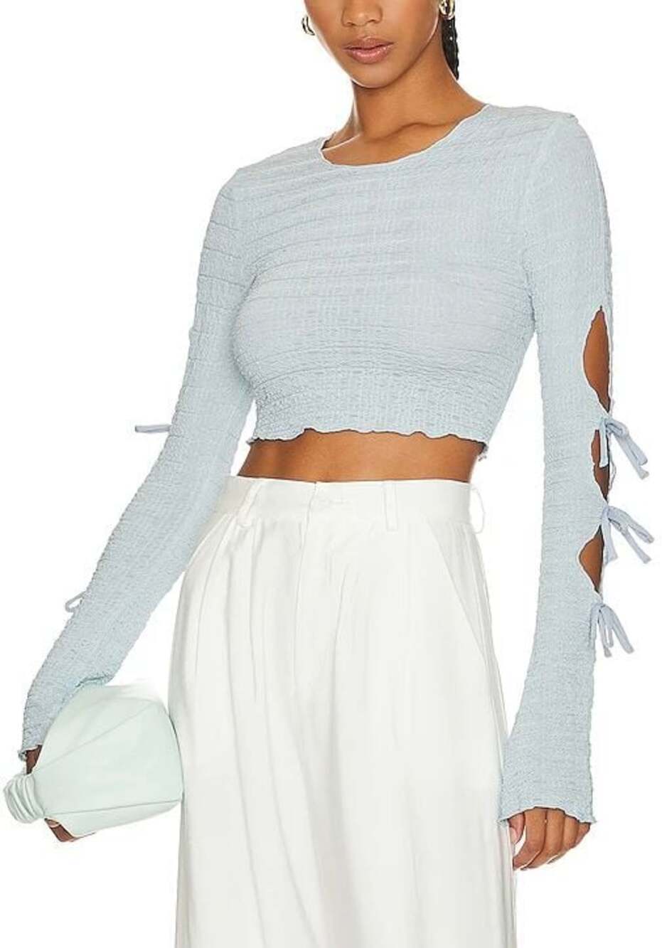 Tularosa Dianne Smocked Cut-Out Long Sleeve Crop Top in Ice Blue Small